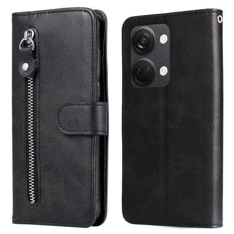 For OnePlus Nord 3 5G / Ace 2V Zipper Pocket Foldable Stand Wallet Case Calf Texture Cell Phone Cover - Black