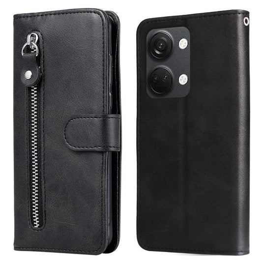 For OnePlus Nord 3 5G / Ace 2V Zipper Pocket Foldable Stand Wallet Case Calf Texture Cell Phone Cover - Black