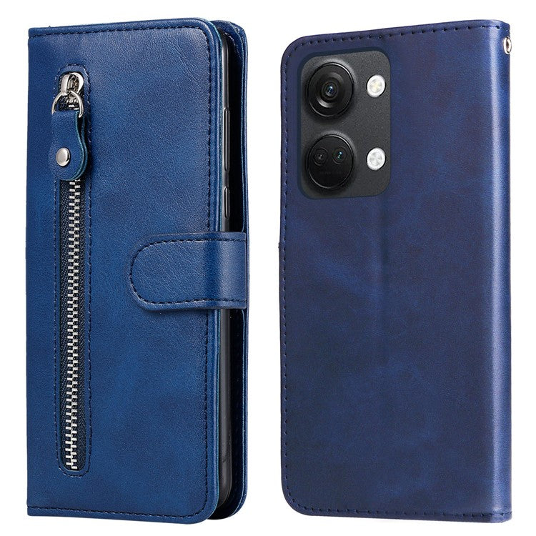 For OnePlus Nord 3 5G / Ace 2V Zipper Pocket Foldable Stand Wallet Case Calf Texture Cell Phone Cover - Blue