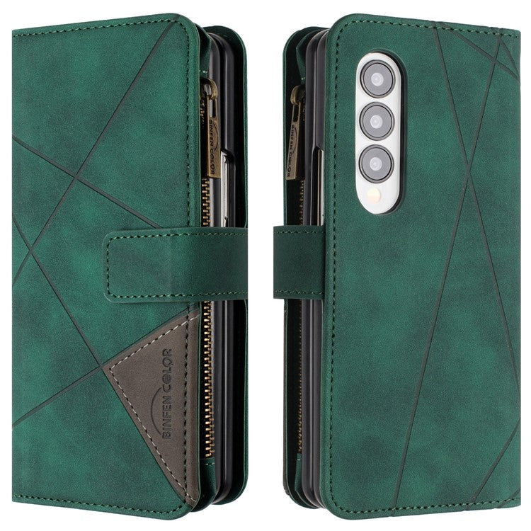 BINFEN COLOR For Samsung Galaxy Z Fold3 5G PU Leather Line Imprinted Phone Case Stand Zipper Pocket Wallet Cover - Green
