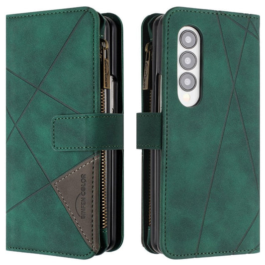BINFEN COLOR For Samsung Galaxy Z Fold3 5G PU Leather Line Imprinted Phone Case Stand Zipper Pocket Wallet Cover - Green