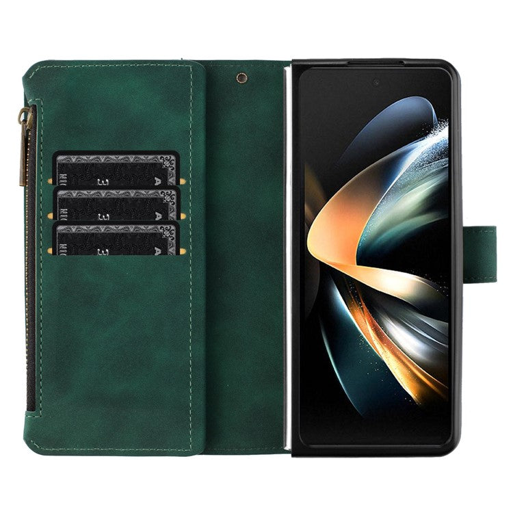 BINFEN COLOR For Samsung Galaxy Z Fold3 5G PU Leather Line Imprinted Phone Case Stand Zipper Pocket Wallet Cover - Green