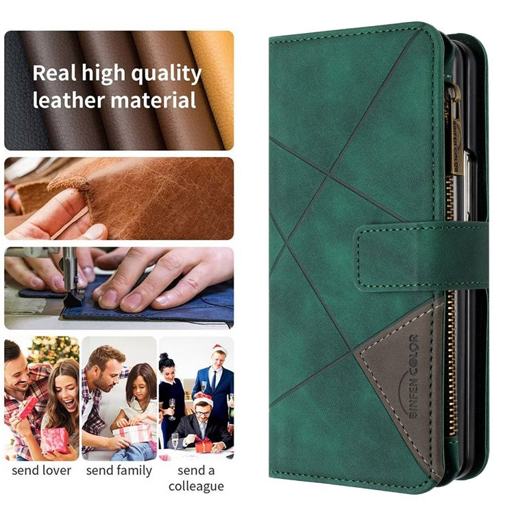 BINFEN COLOR For Samsung Galaxy Z Fold3 5G PU Leather Line Imprinted Phone Case Stand Zipper Pocket Wallet Cover - Green