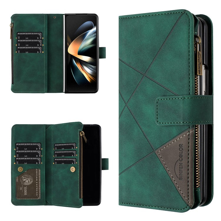 BINFEN COLOR For Samsung Galaxy Z Fold3 5G PU Leather Line Imprinted Phone Case Stand Zipper Pocket Wallet Cover - Green