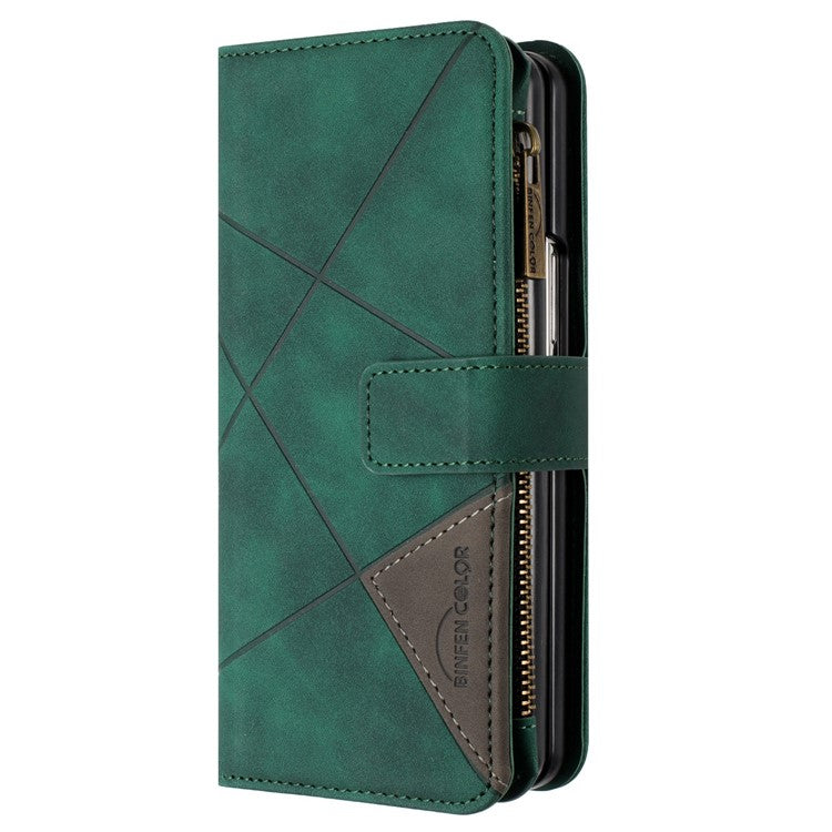 BINFEN COLOR For Samsung Galaxy Z Fold3 5G PU Leather Line Imprinted Phone Case Stand Zipper Pocket Wallet Cover - Green