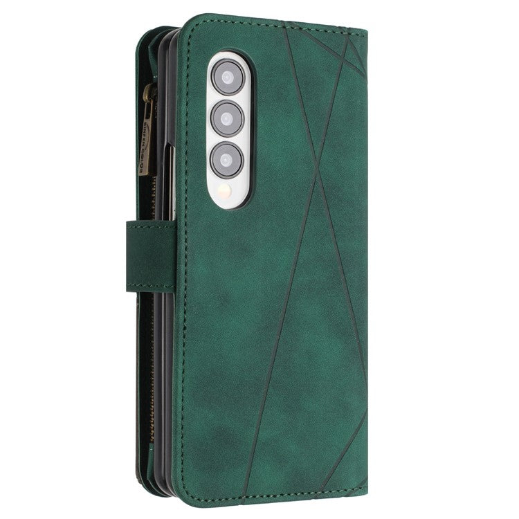 BINFEN COLOR For Samsung Galaxy Z Fold3 5G PU Leather Line Imprinted Phone Case Stand Zipper Pocket Wallet Cover - Green