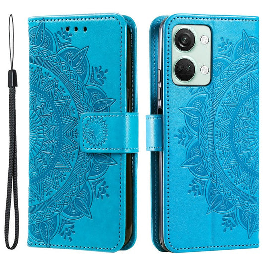For OnePlus Nord 3 5G / Ace 2V Leather Wallet Cover Mandala Flower Imprinted Stand Case with Strap - Blue