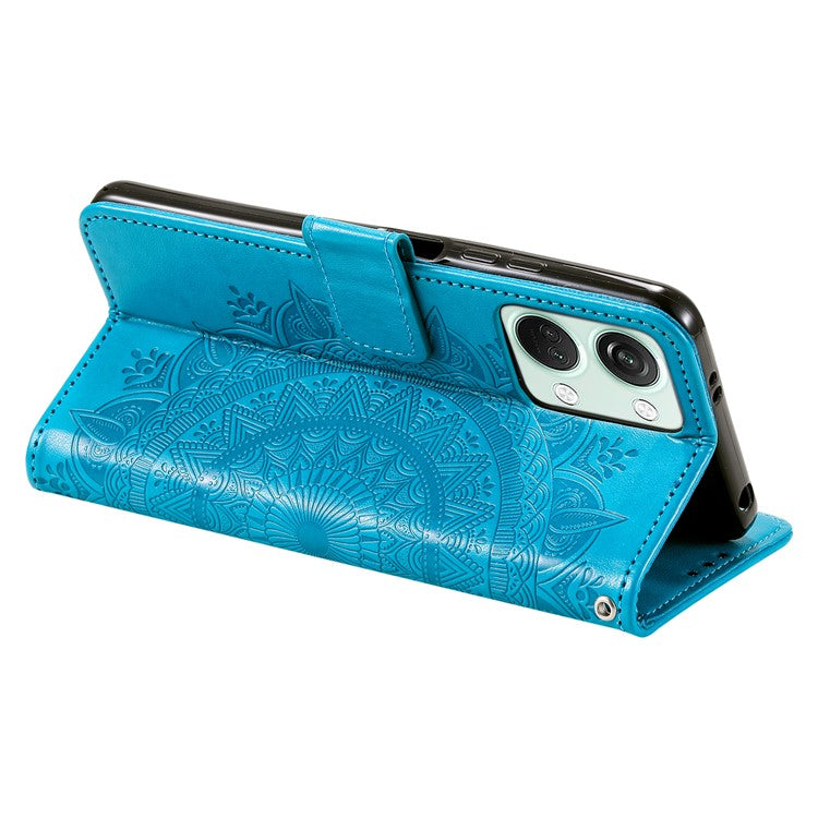 For OnePlus Nord 3 5G / Ace 2V Leather Wallet Cover Mandala Flower Imprinted Stand Case with Strap - Blue