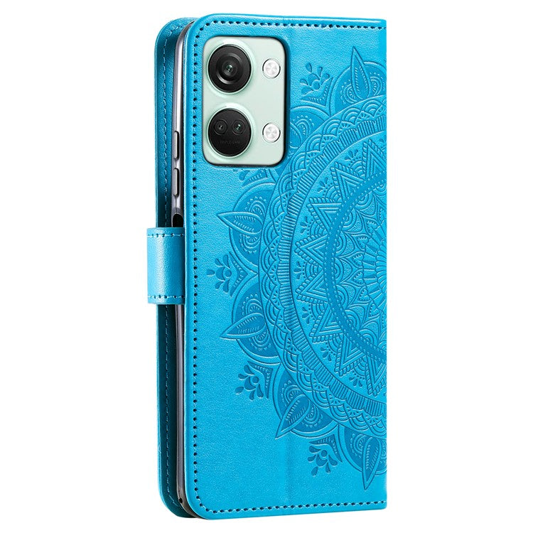 For OnePlus Nord 3 5G / Ace 2V Leather Wallet Cover Mandala Flower Imprinted Stand Case with Strap - Blue