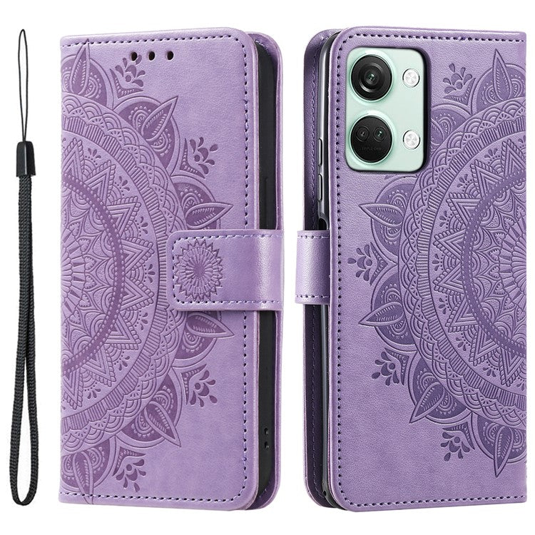 For OnePlus Nord 3 5G / Ace 2V Leather Wallet Cover Mandala Flower Imprinted Stand Case with Strap - Purple