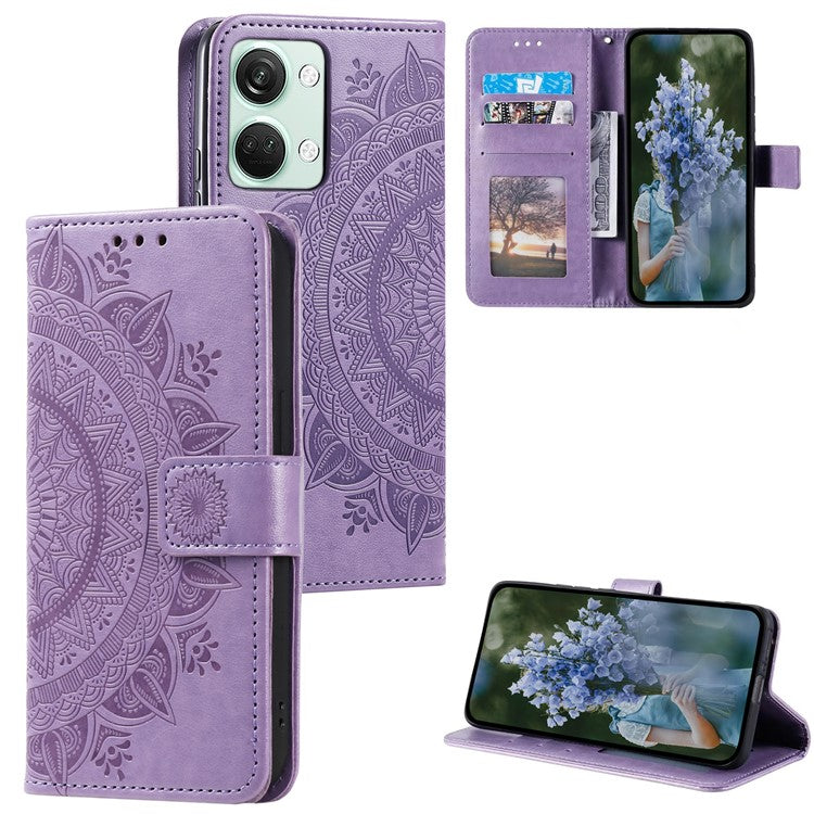 For OnePlus Nord 3 5G / Ace 2V Leather Wallet Cover Mandala Flower Imprinted Stand Case with Strap - Purple