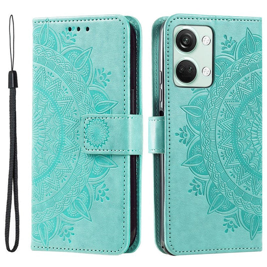 For OnePlus Nord 3 5G / Ace 2V Leather Wallet Cover Mandala Flower Imprinted Stand Case with Strap - Green
