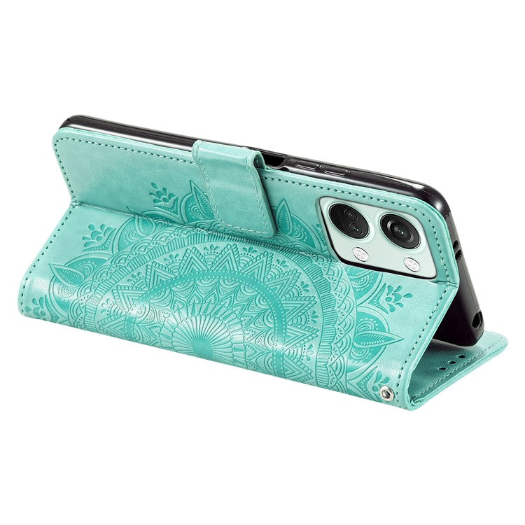 For OnePlus Nord 3 5G / Ace 2V Leather Wallet Cover Mandala Flower Imprinted Stand Case with Strap - Green