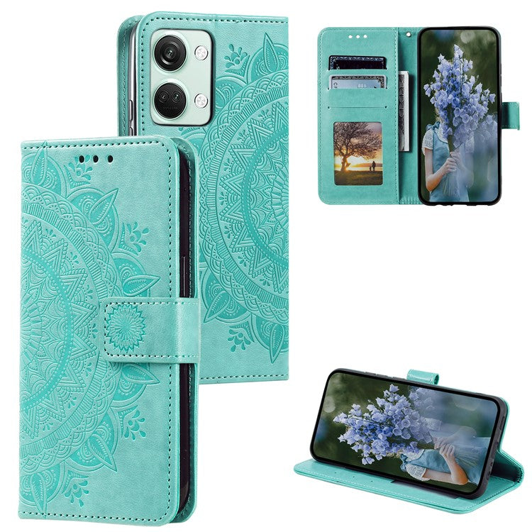 For OnePlus Nord 3 5G / Ace 2V Leather Wallet Cover Mandala Flower Imprinted Stand Case with Strap - Green