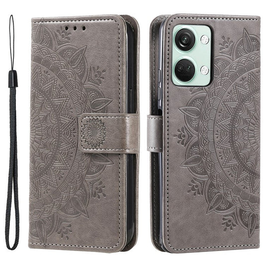 For OnePlus Nord 3 5G / Ace 2V Leather Wallet Cover Mandala Flower Imprinted Stand Case with Strap - Grey