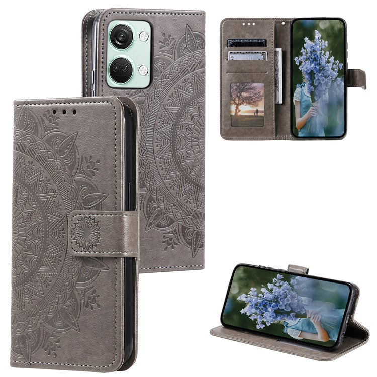 For OnePlus Nord 3 5G / Ace 2V Leather Wallet Cover Mandala Flower Imprinted Stand Case with Strap - Grey