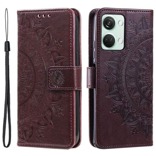 For OnePlus Nord 3 5G / Ace 2V Leather Wallet Cover Mandala Flower Imprinted Stand Case with Strap - Brown