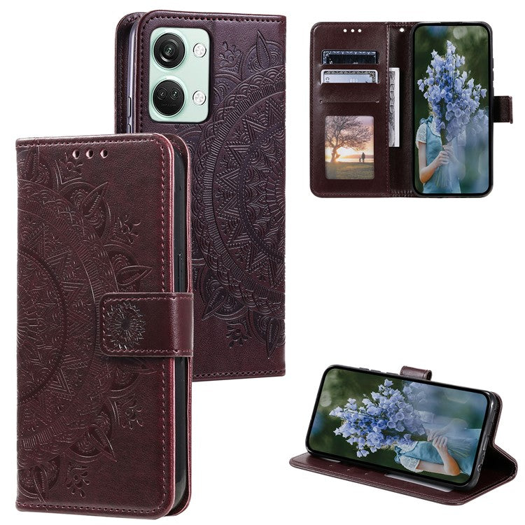 For OnePlus Nord 3 5G / Ace 2V Leather Wallet Cover Mandala Flower Imprinted Stand Case with Strap - Brown