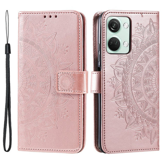 For OnePlus Nord 3 5G / Ace 2V Leather Wallet Cover Mandala Flower Imprinted Stand Case with Strap - Rose Gold