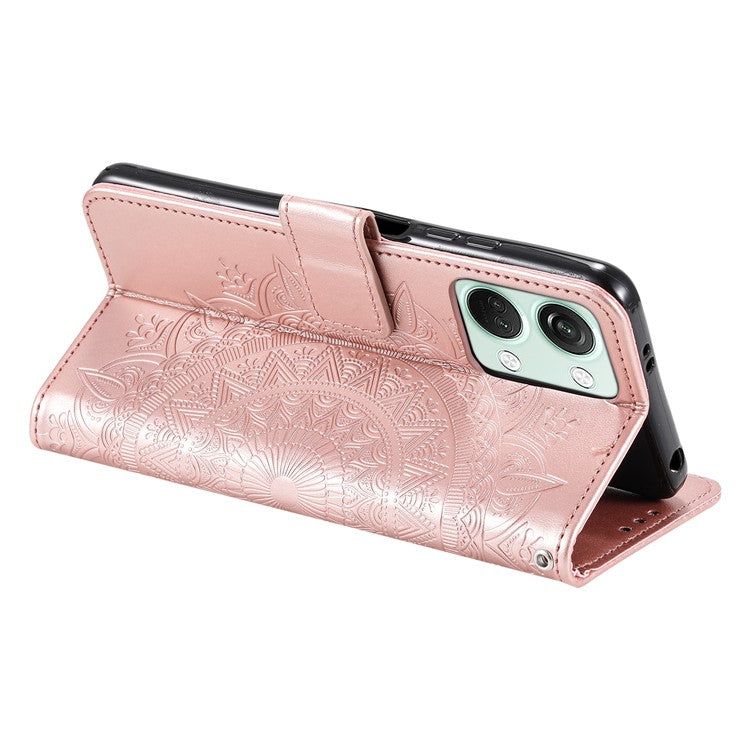 For OnePlus Nord 3 5G / Ace 2V Leather Wallet Cover Mandala Flower Imprinted Stand Case with Strap - Rose Gold