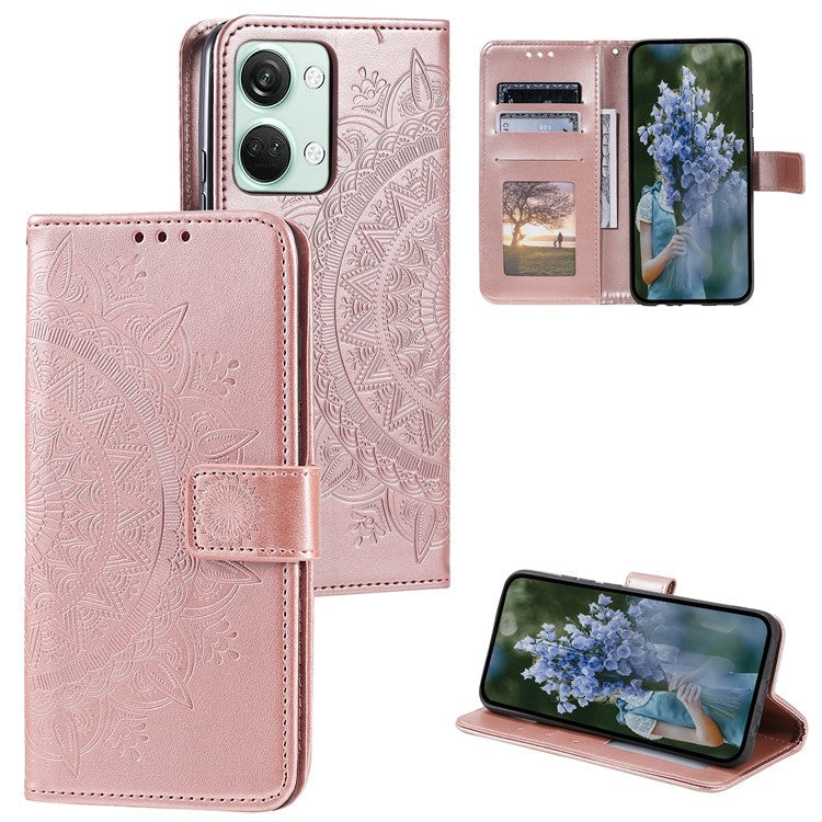 For OnePlus Nord 3 5G / Ace 2V Leather Wallet Cover Mandala Flower Imprinted Stand Case with Strap - Rose Gold