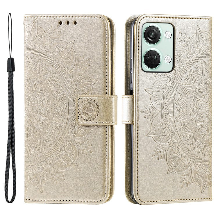 For OnePlus Nord 3 5G / Ace 2V Leather Wallet Cover Mandala Flower Imprinted Stand Case with Strap - Gold