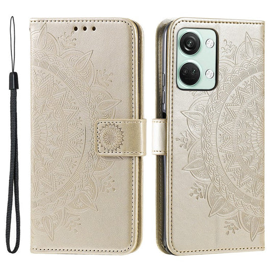 For OnePlus Nord 3 5G / Ace 2V Leather Wallet Cover Mandala Flower Imprinted Stand Case with Strap - Gold
