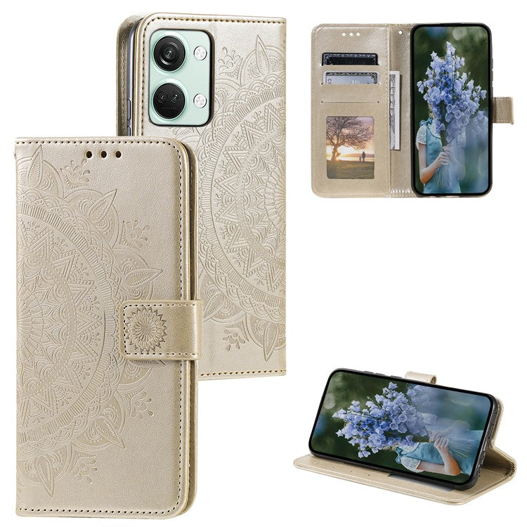 For OnePlus Nord 3 5G / Ace 2V Leather Wallet Cover Mandala Flower Imprinted Stand Case with Strap - Gold