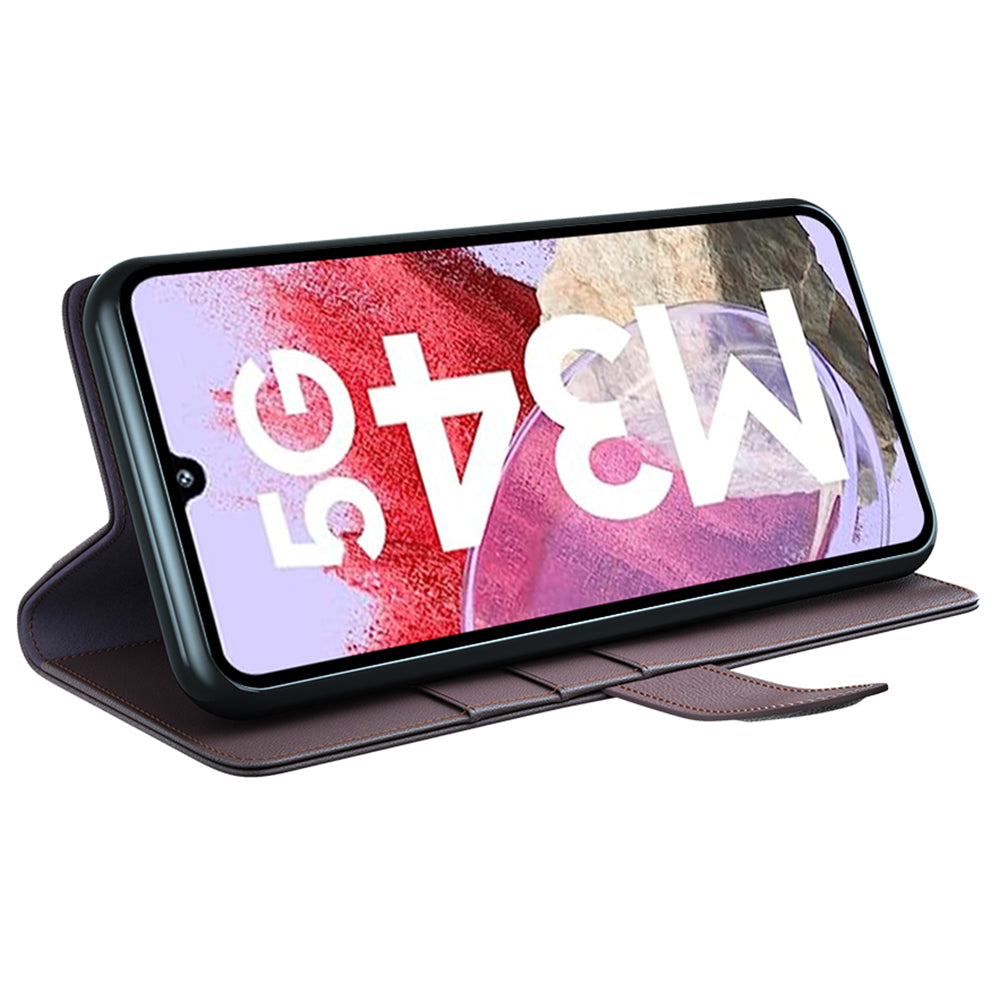 For Samsung Galaxy F34 5G / M34 5G Genuine Split Leather Cover Wallet Stand Shell Shockproof Phone Case - Brown