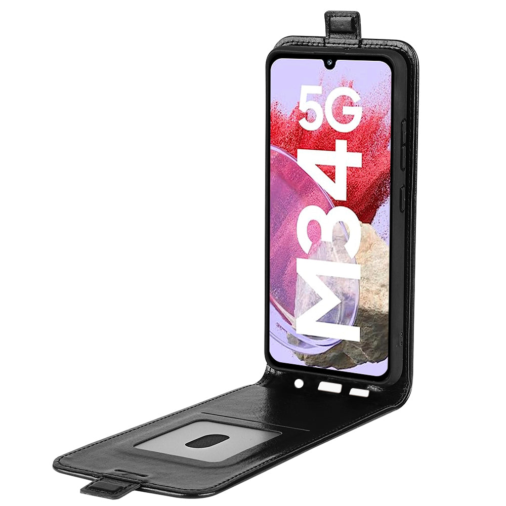 For Samsung Galaxy F34 5G / M34 5G Vertical Flip Phone Leather Case Card Holder Crazy Horse Texture Cover - Black