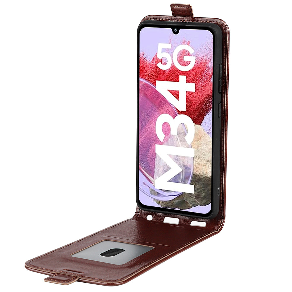 For Samsung Galaxy F34 5G / M34 5G Vertical Flip Phone Leather Case Card Holder Crazy Horse Texture Cover - Brown