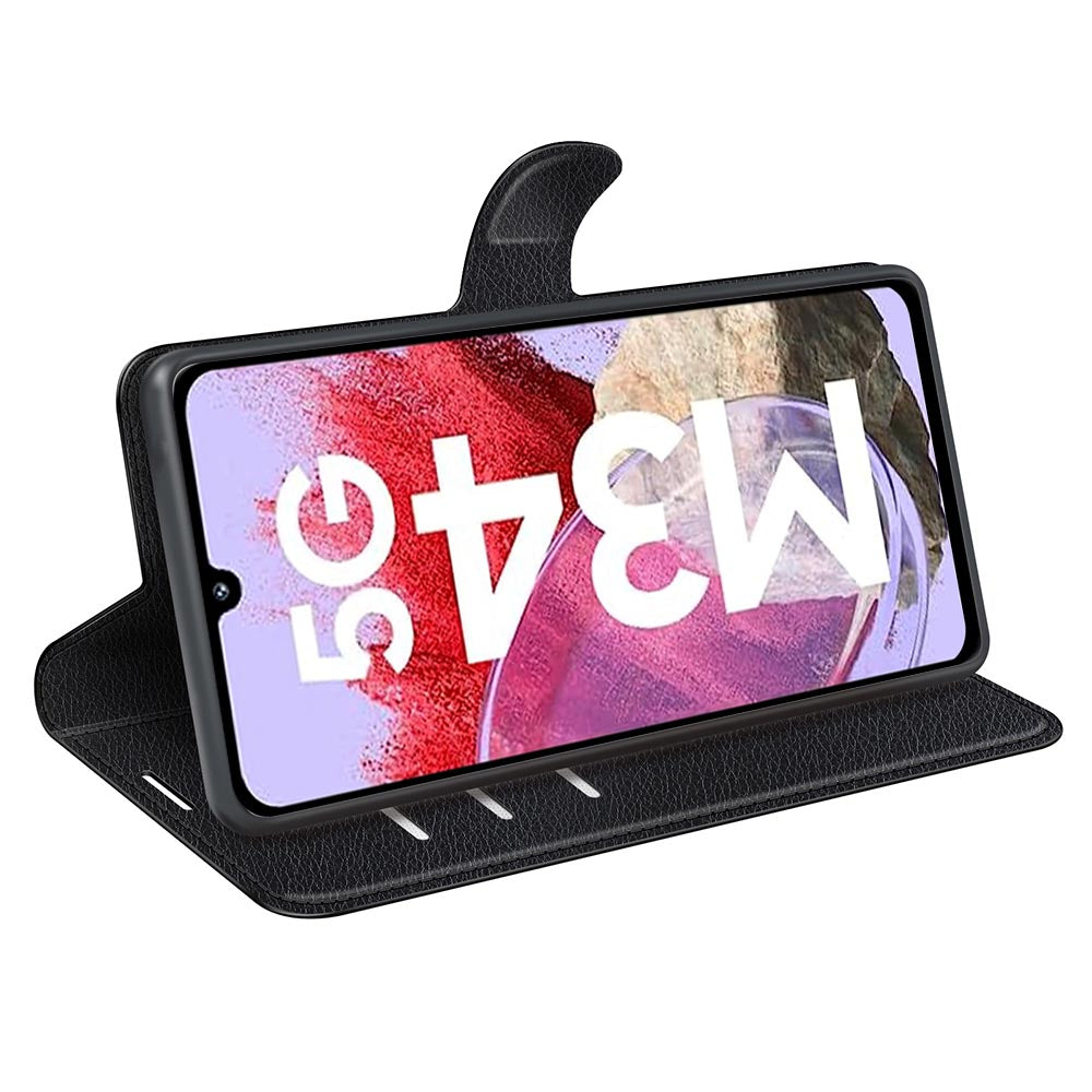 For Samsung Galaxy F34 5G / M34 5G Phone Case Anti-Scratch Stand PU Leather Wallet Litchi Texture Protective Cover - Black