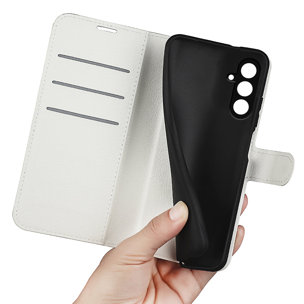 For Samsung Galaxy F34 5G / M34 5G Phone Case Anti-Scratch Stand PU Leather Wallet Litchi Texture Protective Cover - White