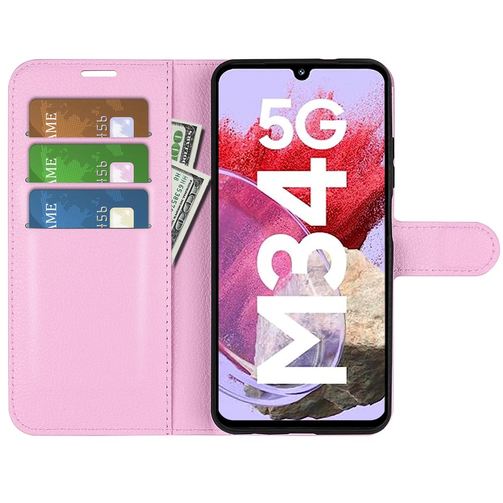 For Samsung Galaxy F34 5G / M34 5G Phone Case Anti-Scratch Stand PU Leather Wallet Litchi Texture Protective Cover - Pink
