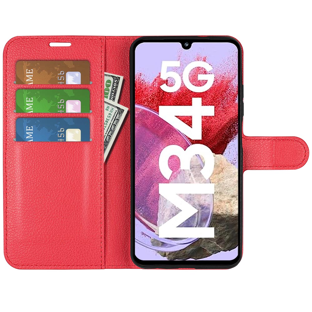 For Samsung Galaxy F34 5G / M34 5G Phone Case Anti-Scratch Stand PU Leather Wallet Litchi Texture Protective Cover - Red