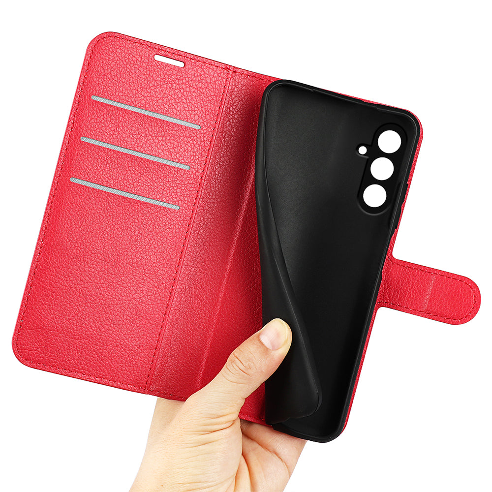For Samsung Galaxy F34 5G / M34 5G Phone Case Anti-Scratch Stand PU Leather Wallet Litchi Texture Protective Cover - Red