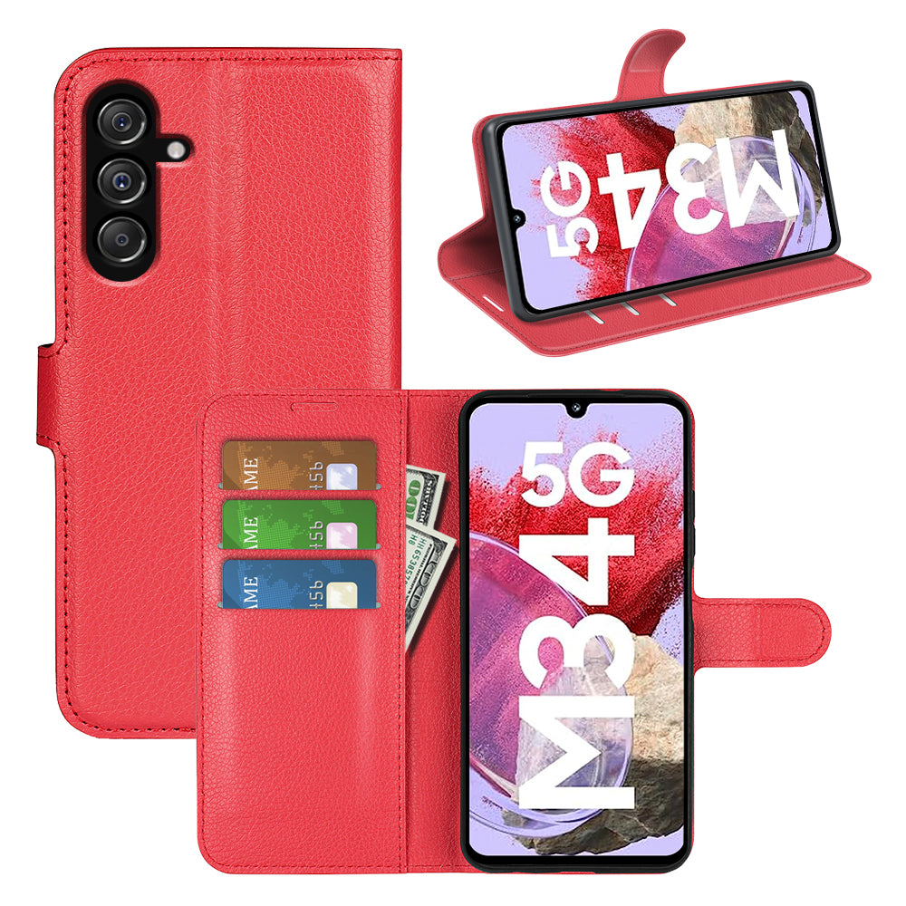 For Samsung Galaxy F34 5G / M34 5G Phone Case Anti-Scratch Stand PU Leather Wallet Litchi Texture Protective Cover - Red
