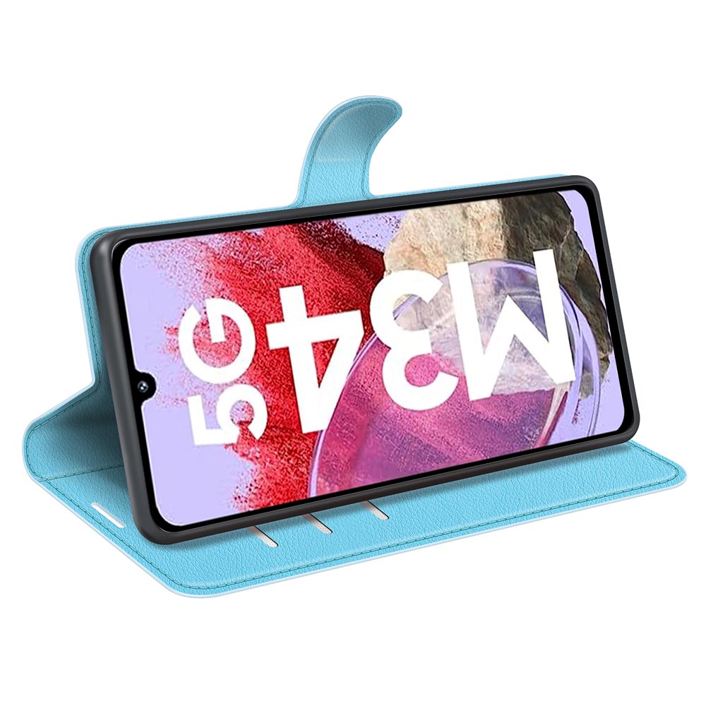 For Samsung Galaxy F34 5G / M34 5G Phone Case Anti-Scratch Stand PU Leather Wallet Litchi Texture Protective Cover - Blue