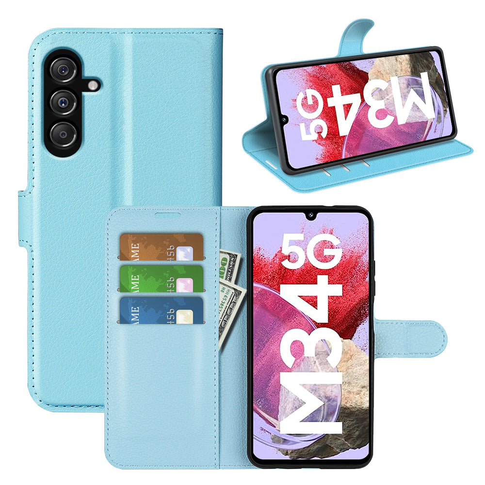 For Samsung Galaxy F34 5G / M34 5G Phone Case Anti-Scratch Stand PU Leather Wallet Litchi Texture Protective Cover - Blue