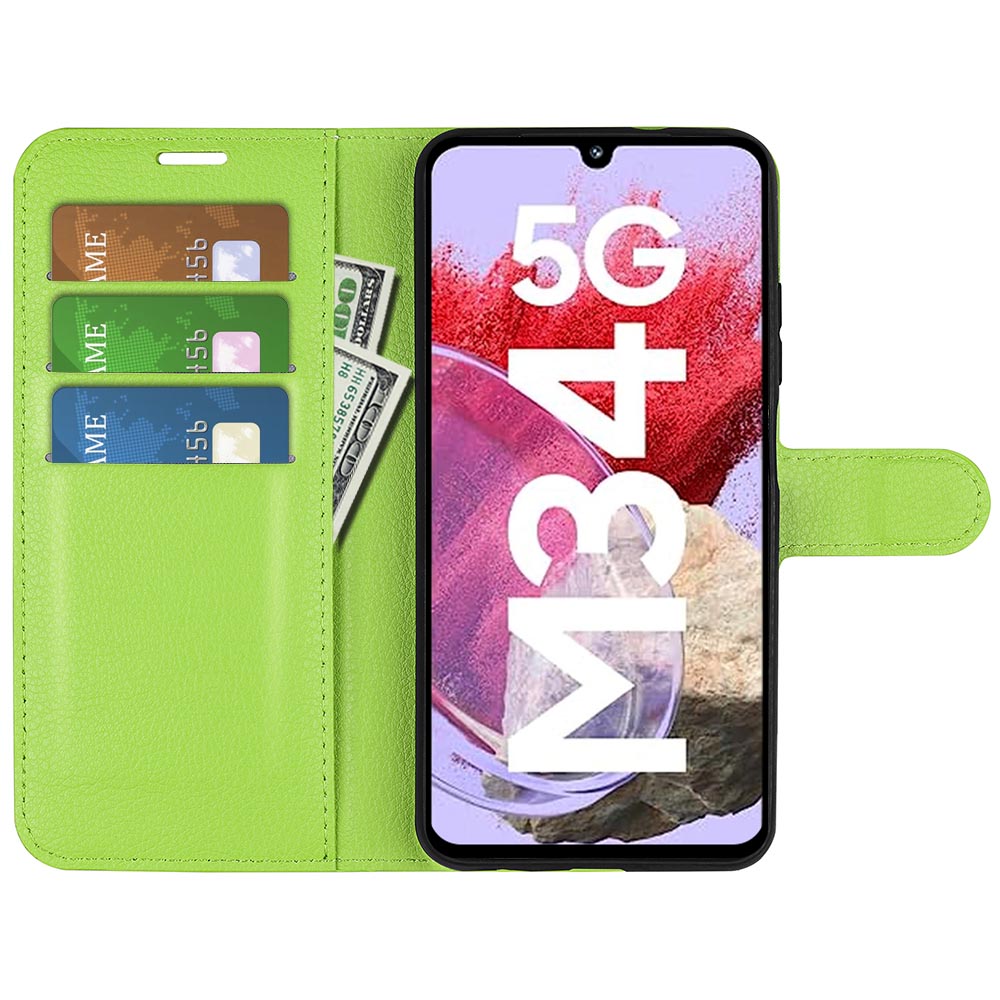 For Samsung Galaxy F34 5G / M34 5G Phone Case Anti-Scratch Stand PU Leather Wallet Litchi Texture Protective Cover - Green
