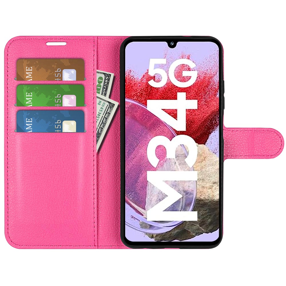 For Samsung Galaxy F34 5G / M34 5G Phone Case Anti-Scratch Stand PU Leather Wallet Litchi Texture Protective Cover - Rose