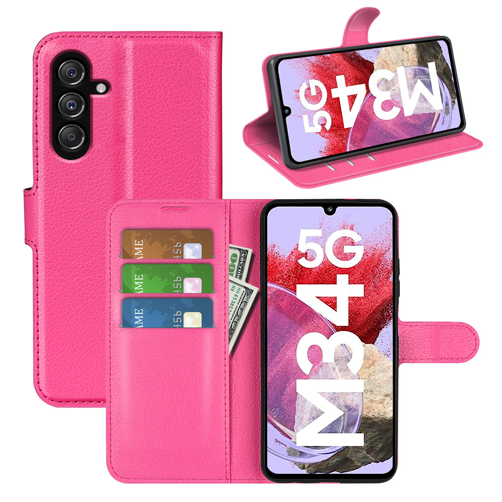 For Samsung Galaxy F34 5G / M34 5G Phone Case Anti-Scratch Stand PU Leather Wallet Litchi Texture Protective Cover - Rose