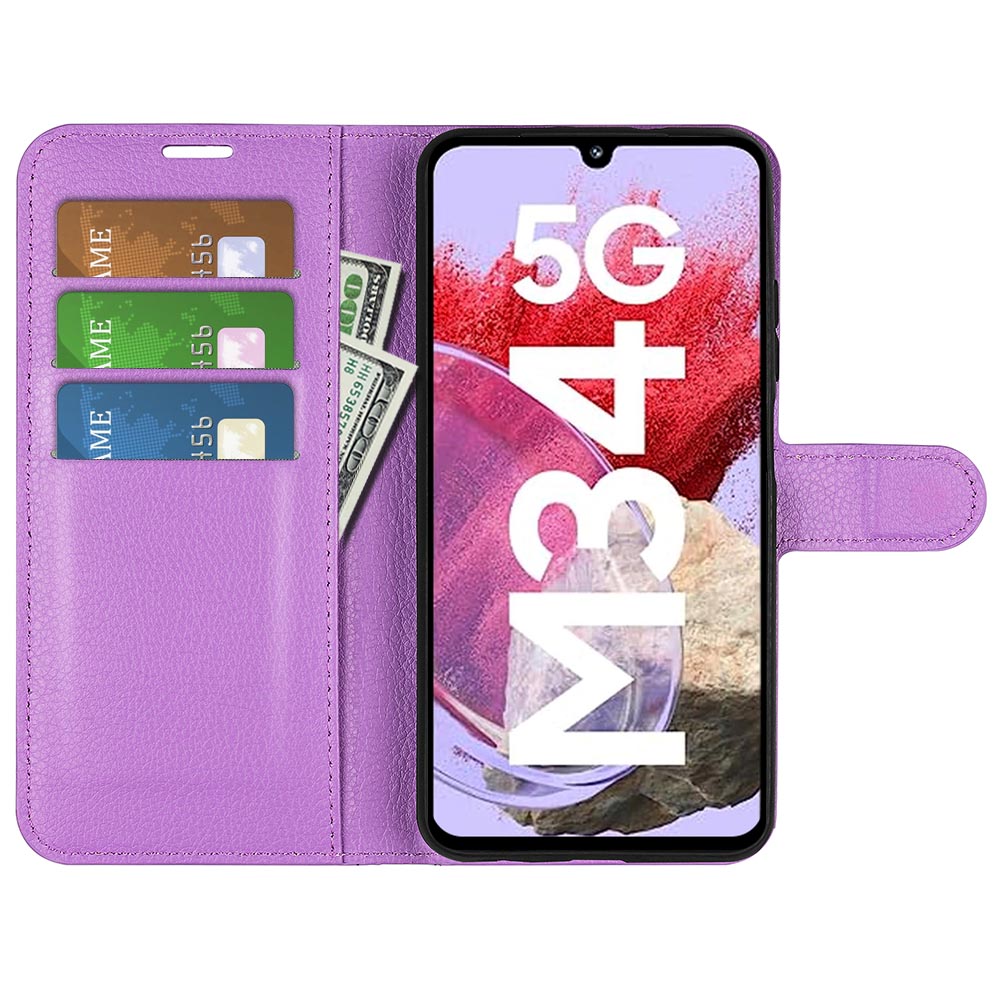 For Samsung Galaxy F34 5G / M34 5G Phone Case Anti-Scratch Stand PU Leather Wallet Litchi Texture Protective Cover - Purple