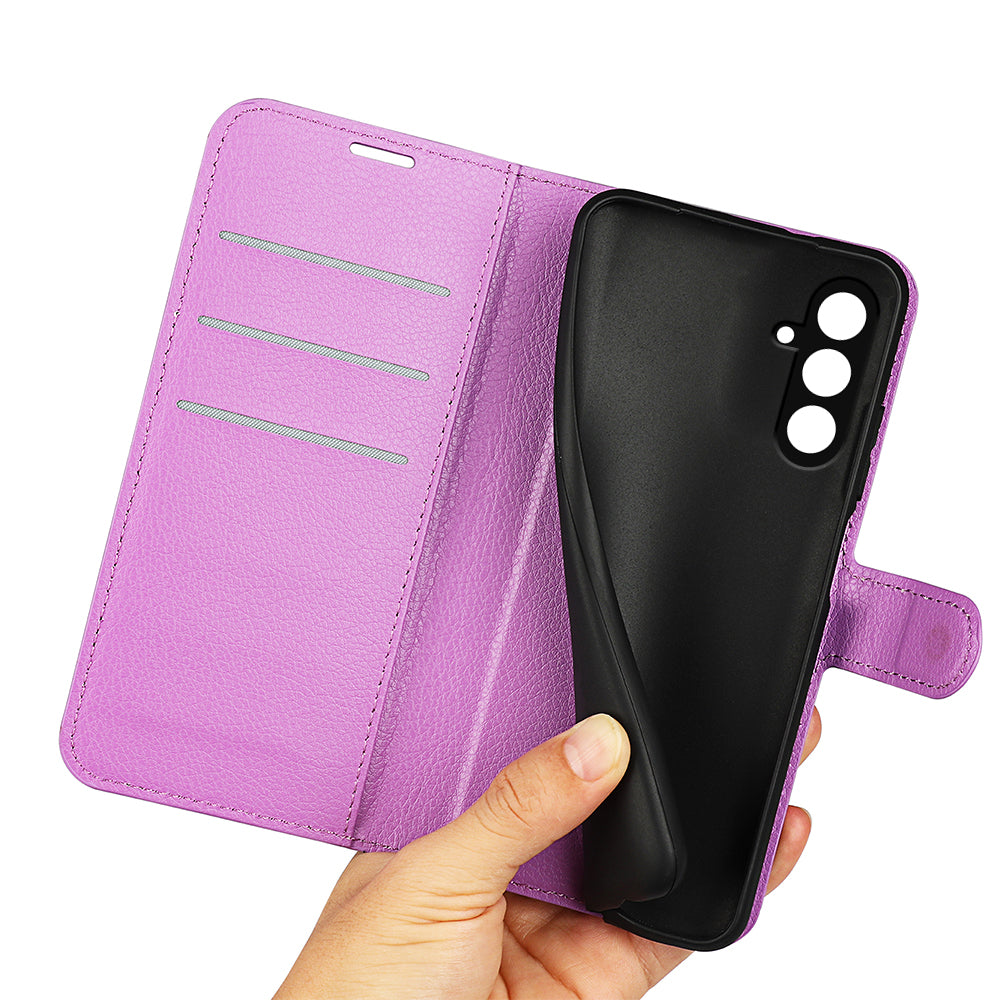 For Samsung Galaxy F34 5G / M34 5G Phone Case Anti-Scratch Stand PU Leather Wallet Litchi Texture Protective Cover - Purple