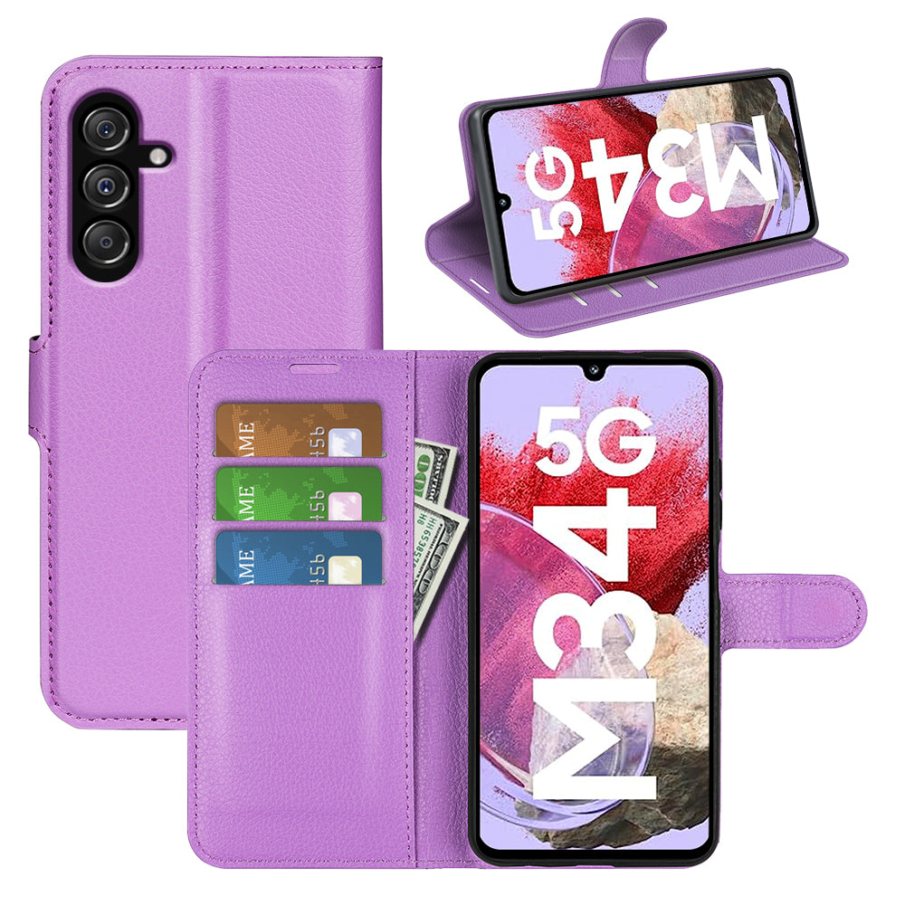For Samsung Galaxy F34 5G / M34 5G Phone Case Anti-Scratch Stand PU Leather Wallet Litchi Texture Protective Cover - Purple