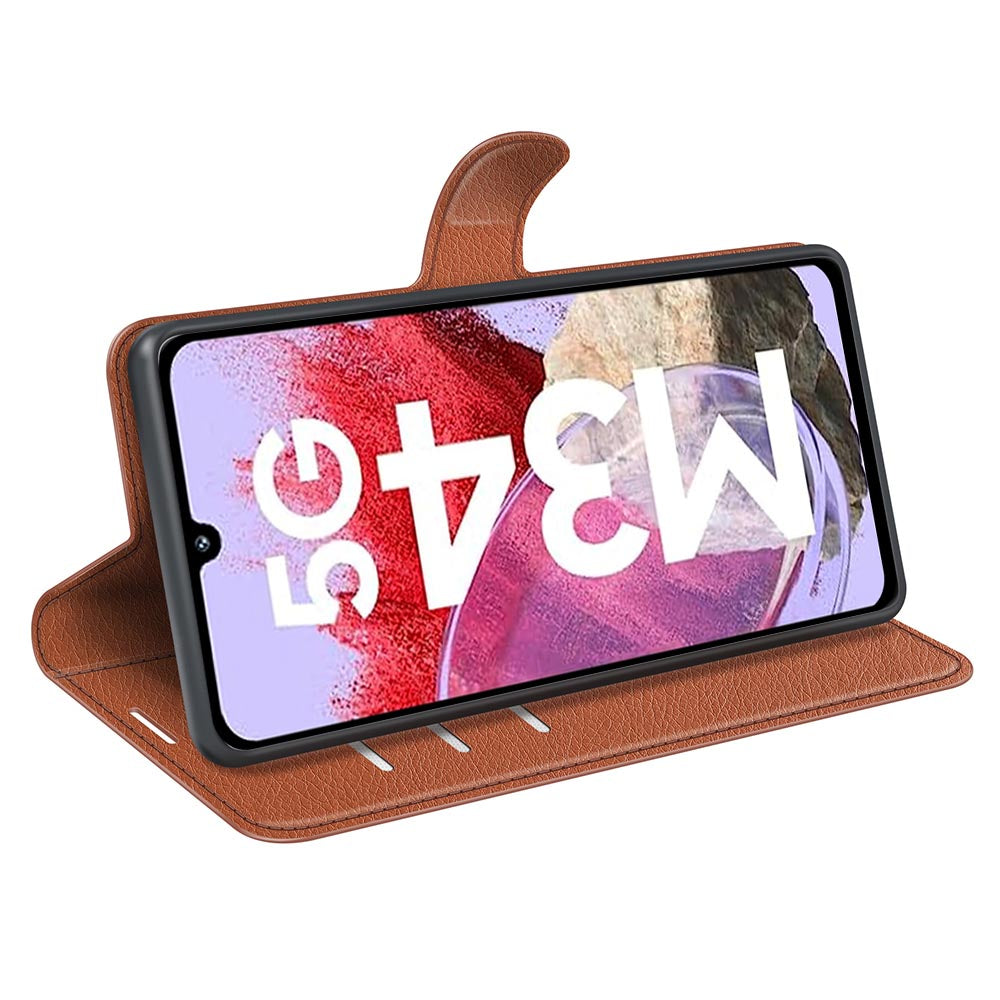 For Samsung Galaxy F34 5G / M34 5G Phone Case Anti-Scratch Stand PU Leather Wallet Litchi Texture Protective Cover - Brown