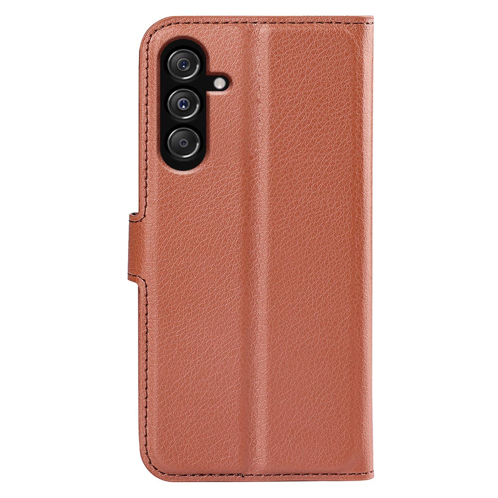 For Samsung Galaxy F34 5G / M34 5G Phone Case Anti-Scratch Stand PU Leather Wallet Litchi Texture Protective Cover - Brown
