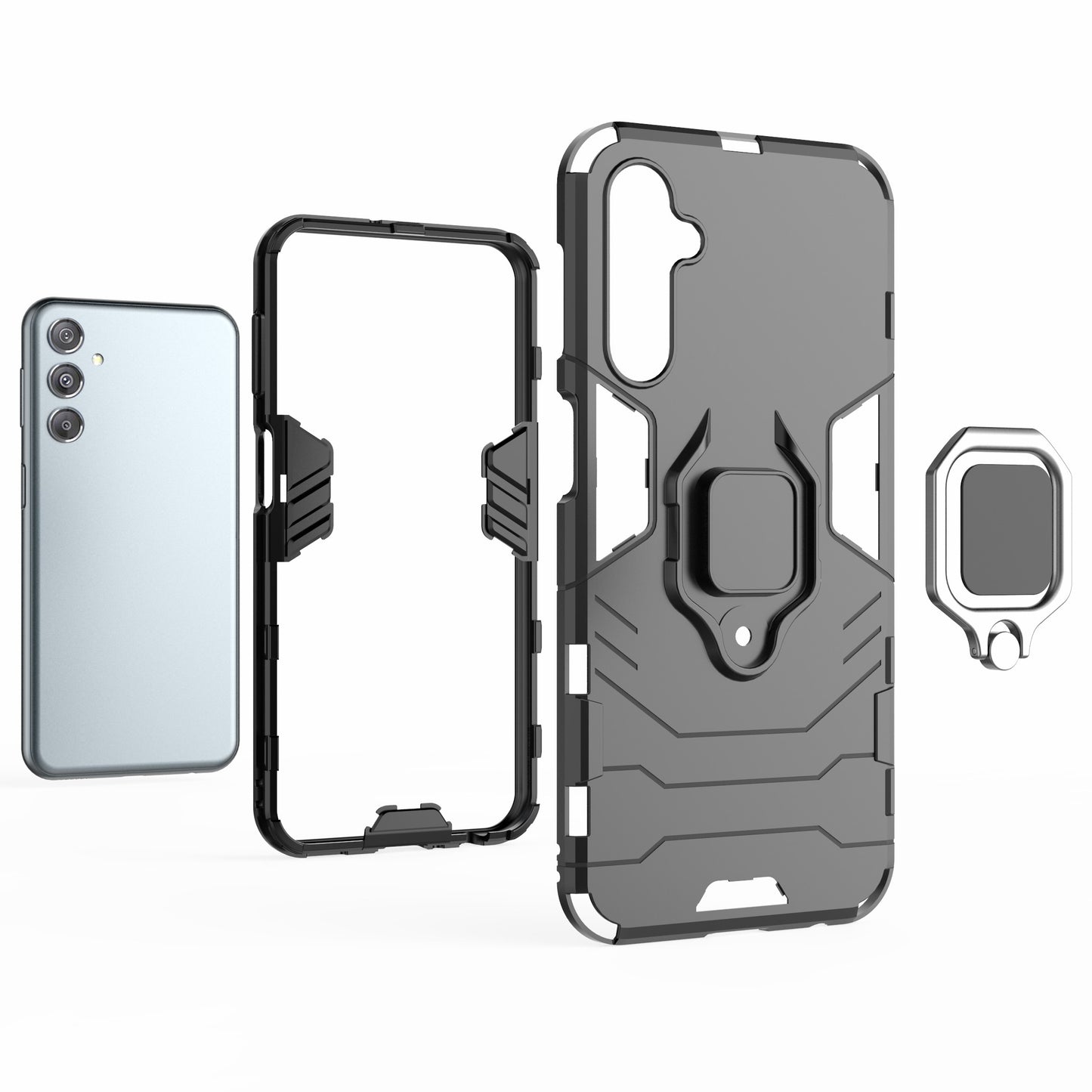 For Samsung Galaxy F34 5G / M34 5G Hard PC Soft TPU Back Cover Rotatable Ring Holder Kickstand Phone Case - Black