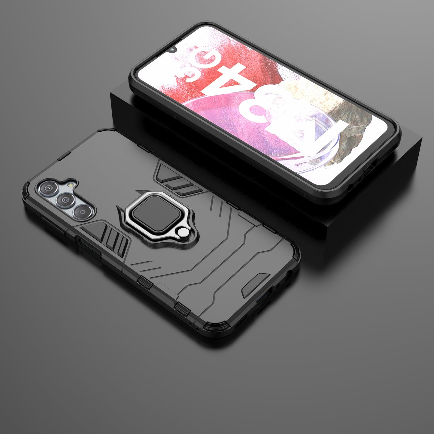 For Samsung Galaxy F34 5G / M34 5G Hard PC Soft TPU Back Cover Rotatable Ring Holder Kickstand Phone Case - Black