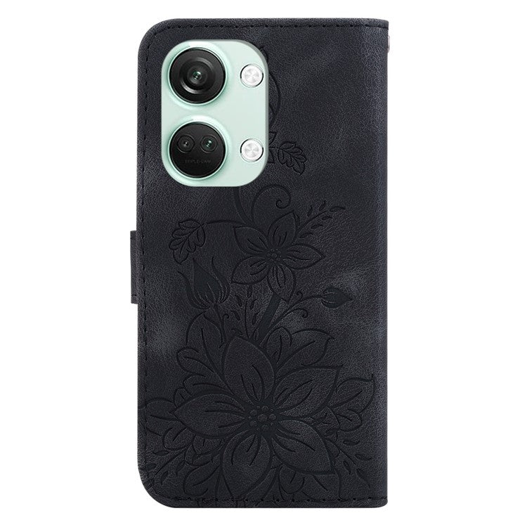 For OnePlus Nord 3 5G / Ace 2V Stand Wallet Phone Case Imprinted Lily Flower Leather Phone Cover - Black